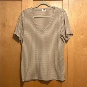 The Pulse Boutique Womans Taupe and White Striped V-Neck Tee